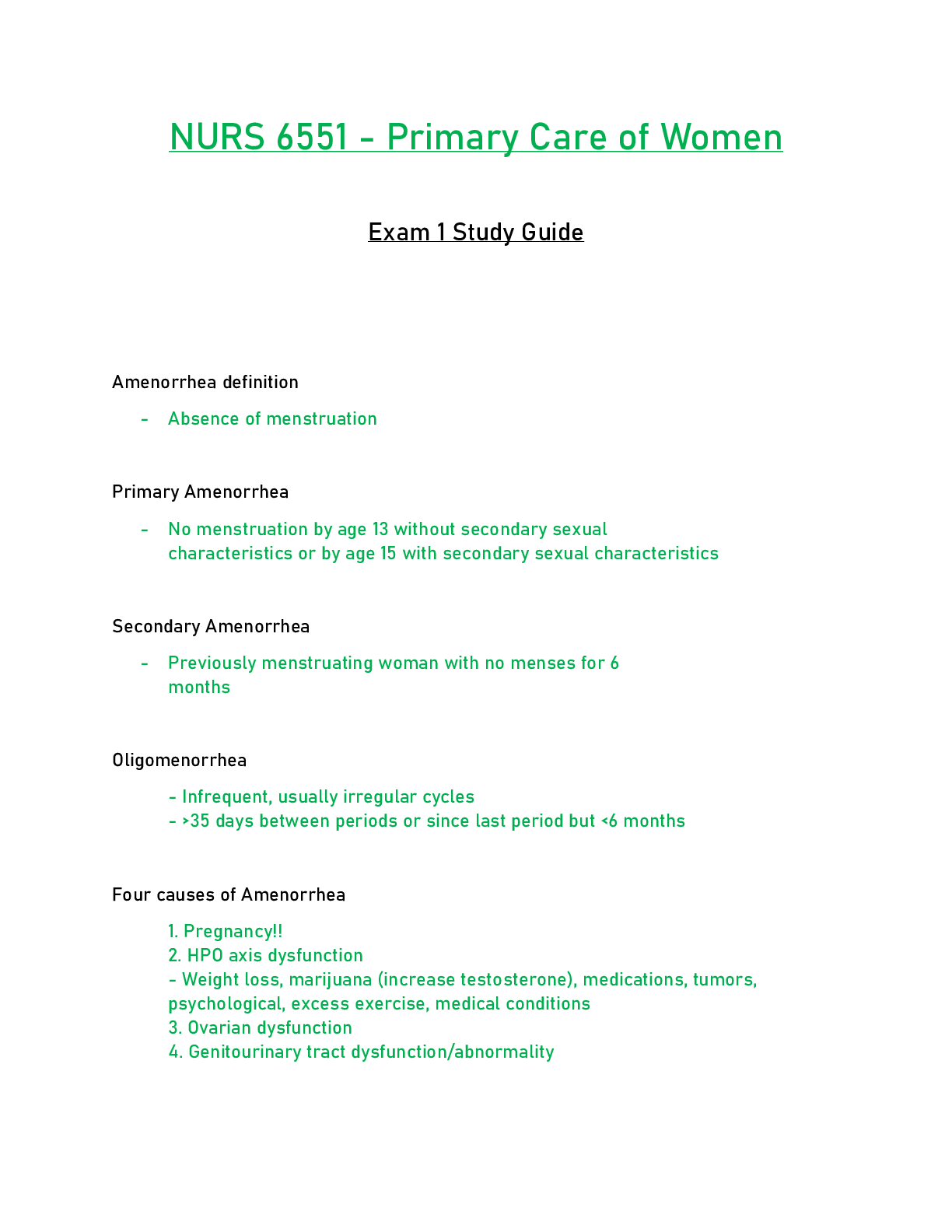 Preview of NURS6551 / NURS 6551 Exam 1 Study Guide (Latest): Primary Care of Women - Walden